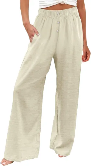 Women's Pants Cotton Linen Palazzo Pants Lightweight Button Down Trousers Casual Summer Beach Vacation Trousers 2025
