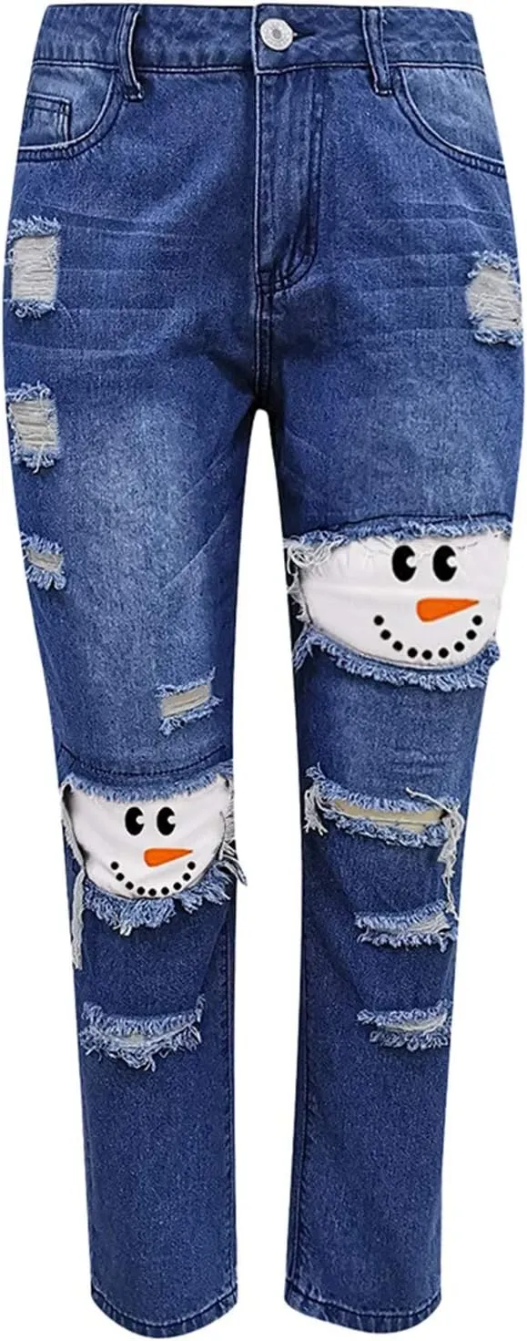 Women's Ripped Jeans Snowman Hat Print Plus Size Long Pants Slim Christmas New Year Leggings High Waisted Stretch Jean