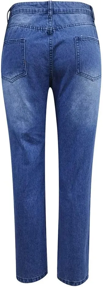 Women's Ripped Jeans Snowman Hat Print Plus Size Long Pants Slim Christmas New Year Leggings High Waisted Stretch Jean