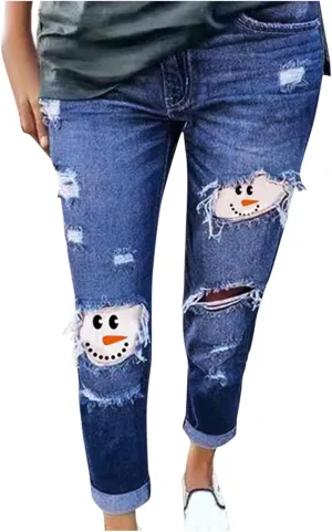 Women's Ripped Jeans Snowman Hat Print Plus Size Long Pants Slim Christmas New Year Leggings High Waisted Stretch Jean