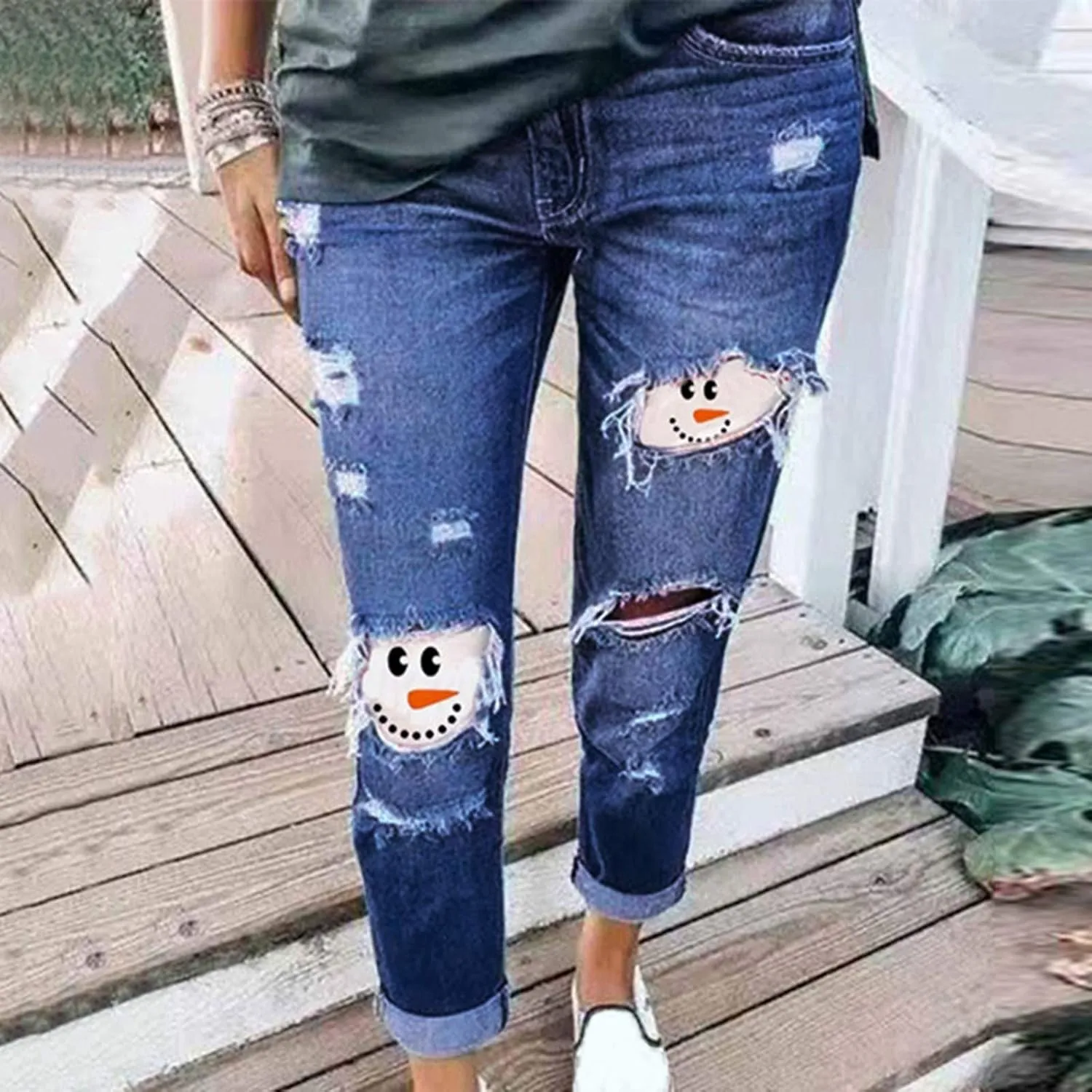 Women's Ripped Jeans Snowman Hat Print Plus Size Long Pants Slim Christmas New Year Leggings High Waisted Stretch Jean