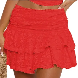 Women's Ruffle Skirts Layered Pure Ruffle Swing Skirt Vintage Lace Short Skirts Cute Flared Hem Skirts Outfits